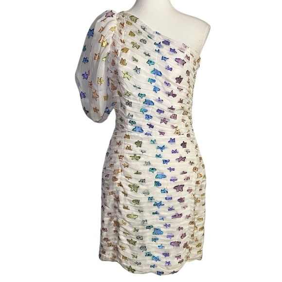 Shoshanna Dresses & Skirts - Shoshanna Midnight White Ruched One-Shoulder Metallic Star Y2K Party Mini Dress